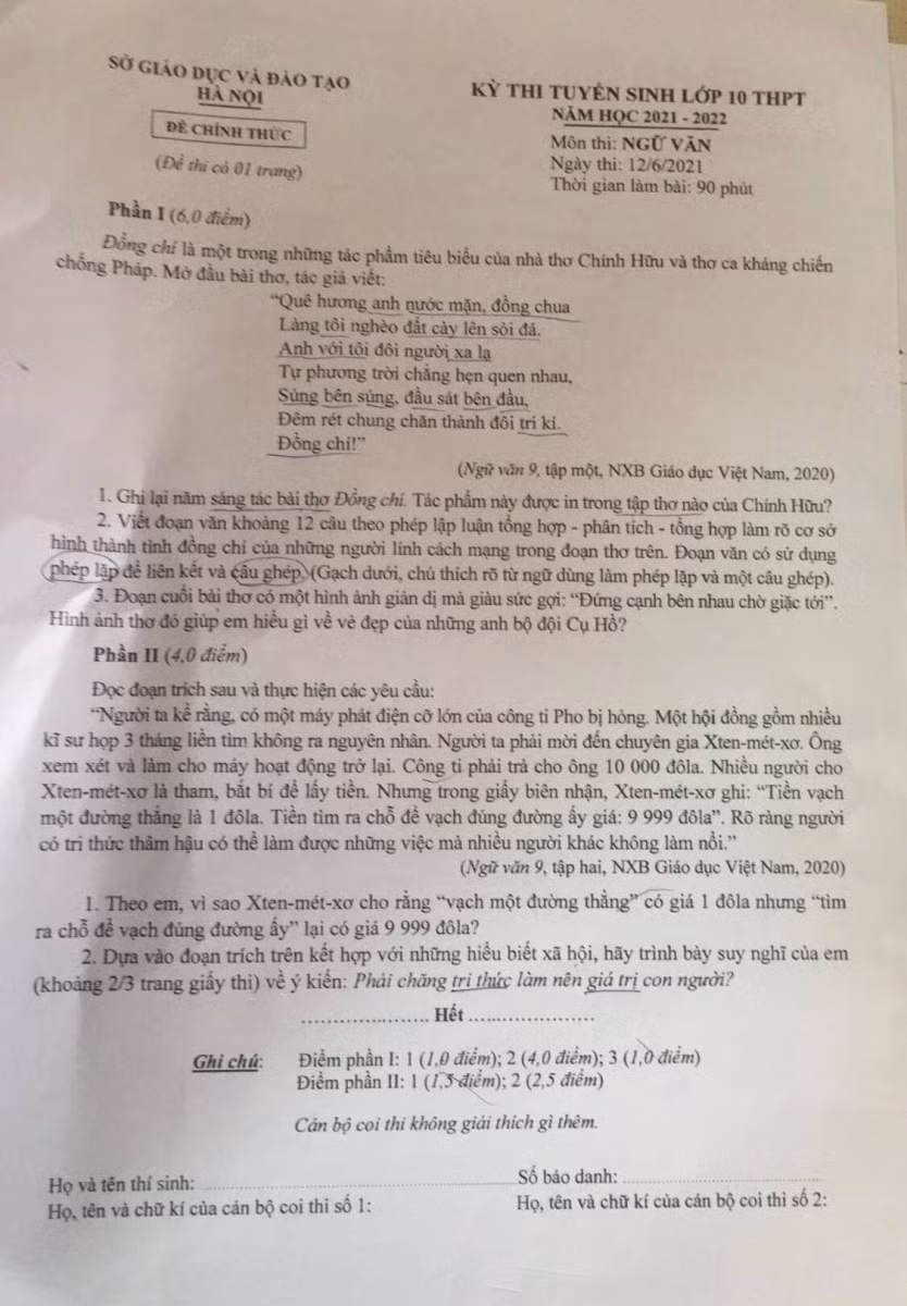 Nhận xét và gợi ý giải đề Ngữ văn kỳ thi tuyển sinh lớp 10 Hà Nội ảnh 1