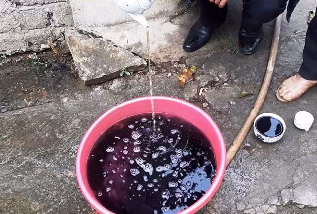Nguồn nước giếng khoan ở xã Yên Thọ, huyện Yên Định (Thanh Hóa) bị đen xì khi đổ nước chè khô vào.
