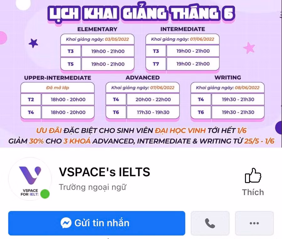 Trung tâm VSPACE’S IELTS (đăng ký trụ sở tại TP Vinh, Nghệ An) tuyển sinh và đào tạo trong lĩnh vực tư vấn du học, dạy ngoại ngữ.