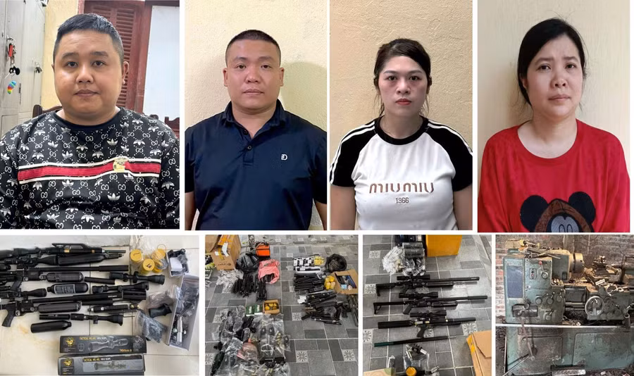 Nhóm nghi phạm và tang vật vụ án. (Ảnh: CACC)