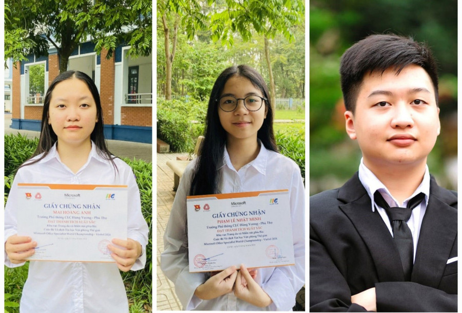Em Mai Hoàng Anh (bìa trái) và Phạm Lê Nhật Minh, Trường Phổ thông Chất lượng cao Hùng Vương lần lượt đạt giải Triển vọng và Khuyến khích. Em Nguyễn Đức Khánh (bìa phải), Trường THPT Chuyên Hùng Vương đạt giải Ba. Em Mai Hoàng Anh (bìa trái) và Phạm Lê Nhật Minh, Trường Phổ thông Chất lượng cao Hùng Vương lần lượt đạt giải Triển vọng và Khuyến khích. Em Nguyễn Đức Khánh (bìa phải), Trường THPT Chuyên Hùng Vương đạt giải Ba.
