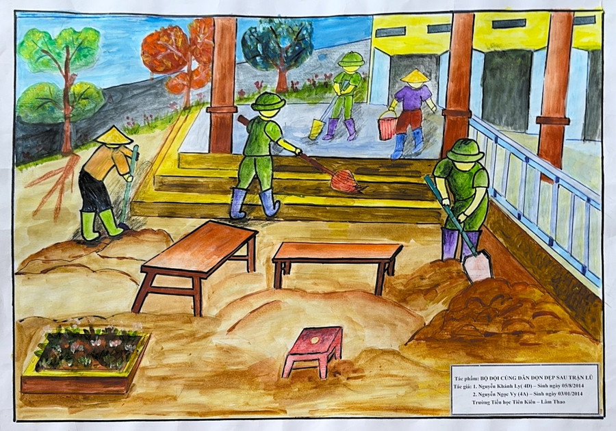 Bức tranh “Bộ đội cùng dân dọn dẹp sau trận lũ” của em Nguyễn Khánh Ly lớp 4D và Nguyễn Ngọc Vy lớp 4A, học sinh Trường Tiểu học Tiên Kiên, huyện Lâm Thao.