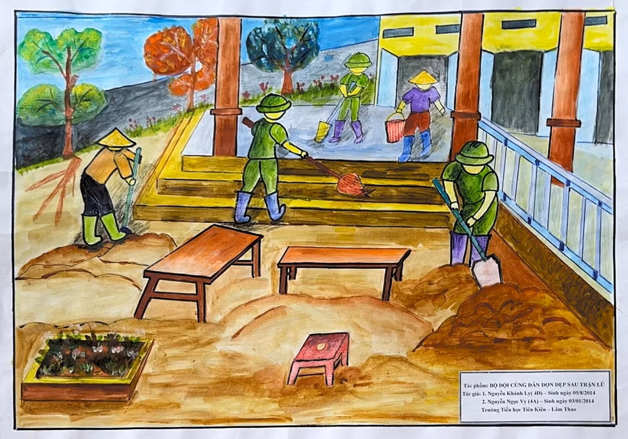 Bức tranh “Bộ đội cùng dân dọn dẹp sau trận lũ” của em Nguyễn Khánh Ly lớp 4D và Nguyễn Ngọc Vy lớp 4A, học sinh Trường Tiểu học Tiên Kiên, huyện Lâm Thao.
