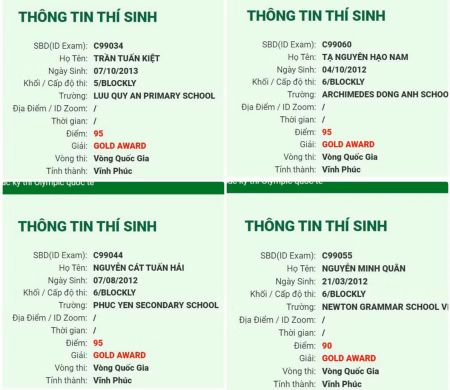 Thành tích của 4 học sinh tại vòng quốc gia Kỳ thi Olympic Tin học quốc tế HKICO 2024.