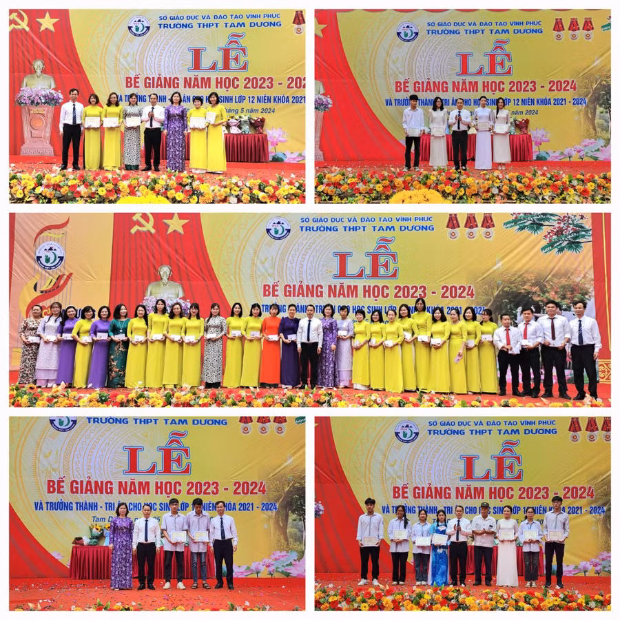 Ban giám hiệu Trường THPT Tam Dương khen thưởng giáo viên, học sinh có thành tích xuất sắc trong năm học.