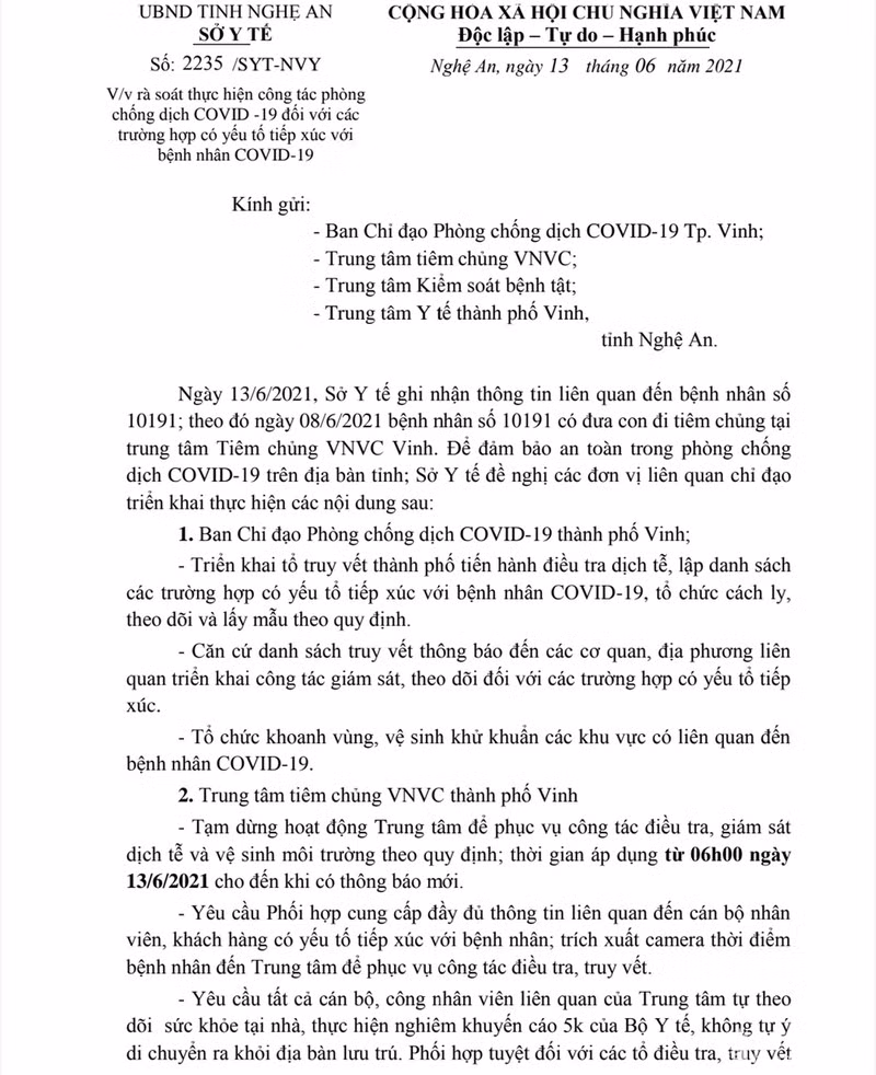 Văn bản của Sở Y tế Nghệ An về việc tạm dừng hoạt động của Trung tâm Tiêm chủng VNVC (TP Vinh).