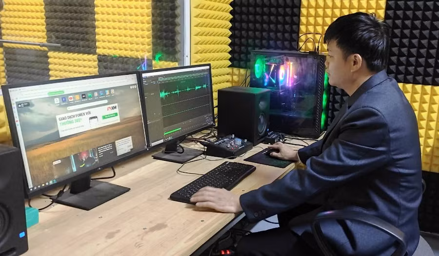 Nhân viên kỹ thuật đang dựng chương trình truyền thanh tại Trung tâm VHTT&amp;DL huyện Quan Hóa (Thanh Hóa). Ảnh: TL