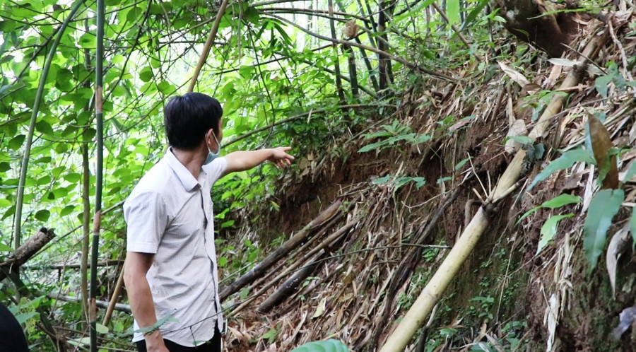 Người dân chỉ vết sạt trượt ở núi Tà Hẻm, xã Trung Thành, huyện Quan Hóa (Thanh Hóa).