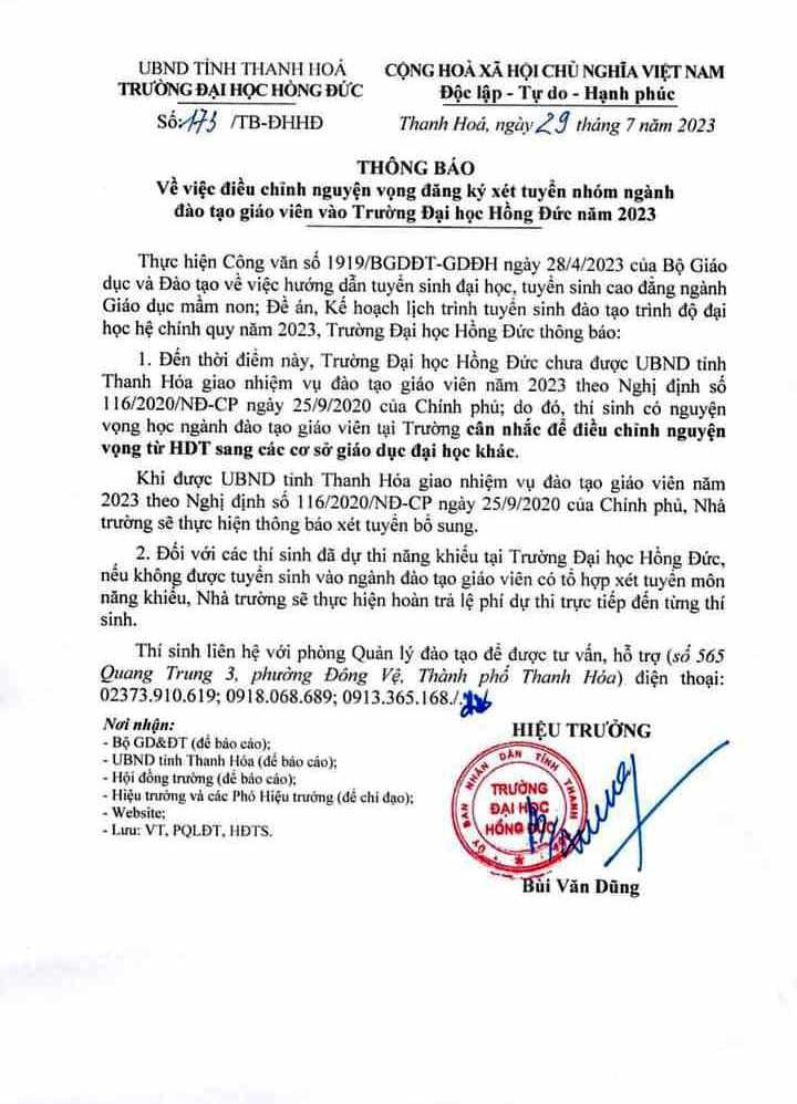 Thông báo của Trường ĐH Hồng Đức (Thanh Hóa). Ảnh: TL. Thông báo của Trường ĐH Hồng Đức (Thanh Hóa). Ảnh: TL.