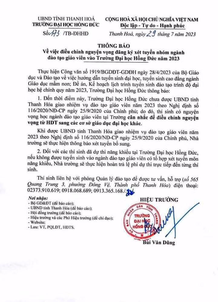 Thông báo của Trường ĐH Hồng Đức (Thanh Hóa). Ảnh: TL.