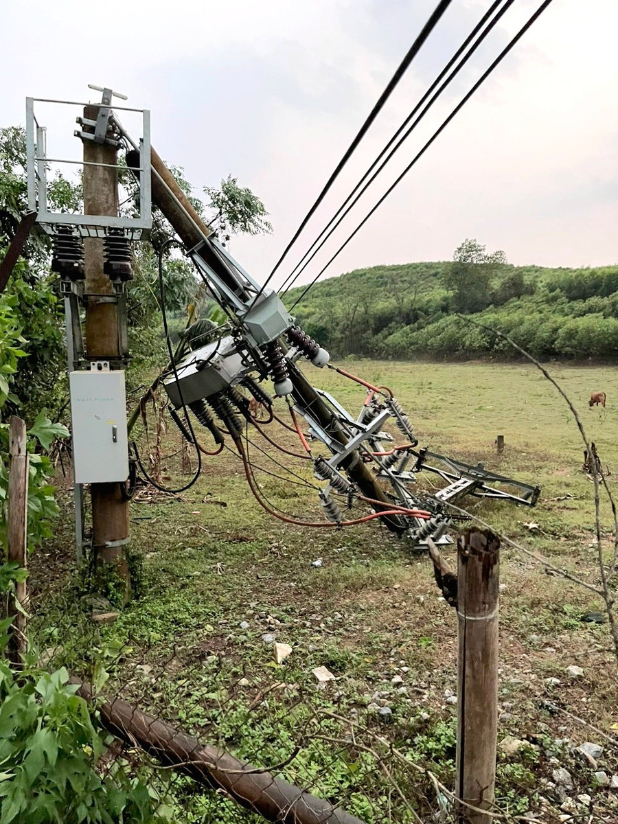 Cột điện bị gãy đổ tại xã Châu Hạnh, huyện Quỳ Châu, Nghệ An. Ảnh: NDCC.