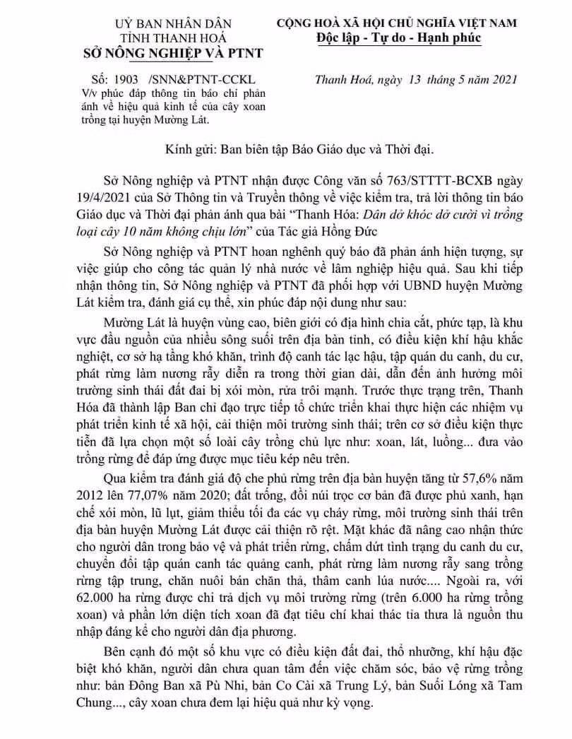Sau phản ánh của Báo GD&TĐ, Sở NN&PTNT tỉnh Thanh Hóa có công văn phúc đáp ảnh 1