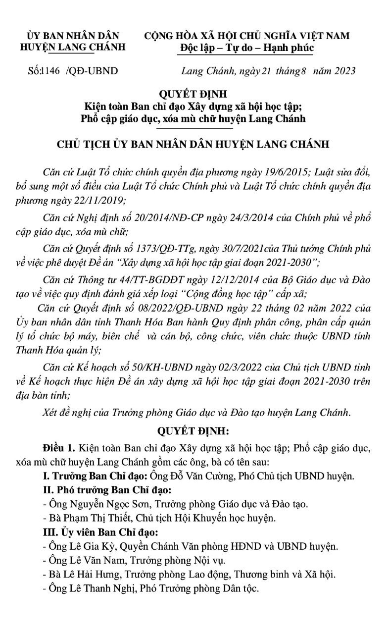 Quyết định thành lập Ban Chỉ đạo xây dựng xã hội học tập, phổ cập giáo dục, xóa mù chữ của huyện Lang Chánh. Ảnh: TL Quyết định thành lập Ban Chỉ đạo xây dựng xã hội học tập, phổ cập giáo dục, xóa mù chữ của huyện Lang Chánh. Ảnh: TL