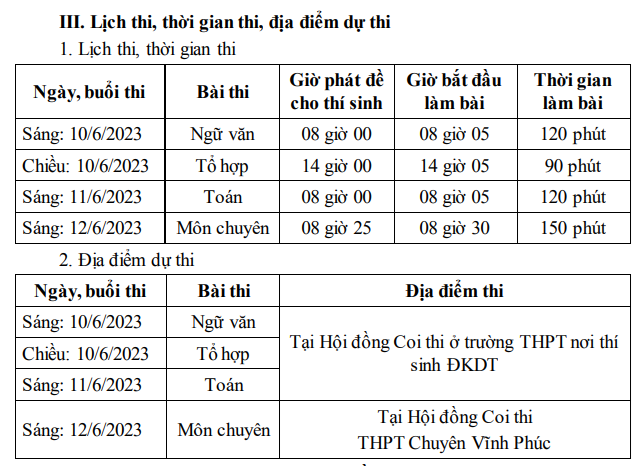 Lịch thi vào lớp 10 của Vĩnh Phúc năm 2023 Lịch thi vào lớp 10 của Vĩnh Phúc năm 2023
