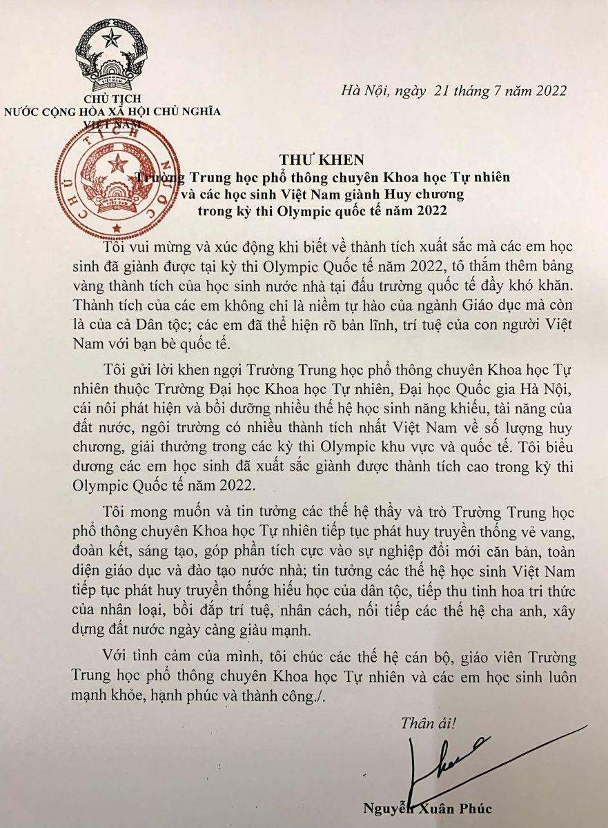 Thư khen của Chủ tịch nước. Nguồn: vpctn.gov.vn Thư khen của Chủ tịch nước. Nguồn: vpctn.gov.vn