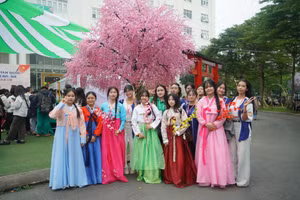 Học sinh, sinh viên Đà Nẵng trải nghiệm Hanbok tại ngày hội. 