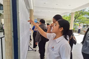 Thí sinh xem danh sách và sơ đồ phòng thi tại Hội đồng coi thi Trường THPT Phan Châu Trinh. 