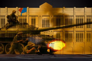 Hình ảnh phim 3D chiếu lên mặt tiền tòa nhà Pháp cổ hiện là Bảo tàng Đà Nẵng. 