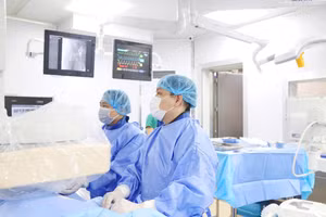 TS. BS Trần Quang Lục thực hiện kỹ thuật can thiệp nút mạch u gan cho người bệnh.