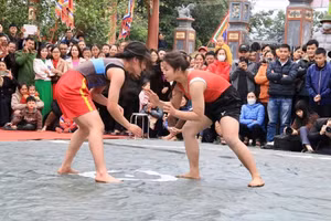 “Lễ hội vật đuổi giải Đình Vĩnh Mộ” thu hút cả các đô vật là nữ giới tham gia.
