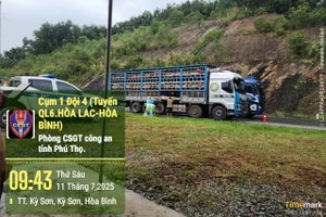 Lực lượng chức năng kiểm tra xe ô tô chở lợn (ảnh Đỗ Trung).