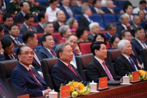 Tổng Bí thư Tô Lâm cùng các lãnh đạo, nguyên lãnh đạo Đảng và Nhà nước dự Đại hội. Ảnh: BTC.