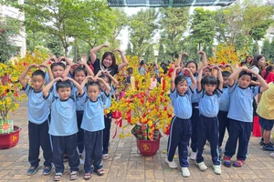 Cô trò Trường Tiểu học Lê Văn Việt (phường Tăng Nhơn Phú, TPHCM) trang trí cây mai.