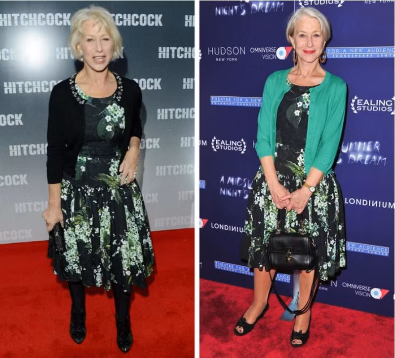 Hình ảnh nữ diễn viên Helen Mirren năm 2012 và 2015. Cách mặc lại quần áo cũ đẳng cấp của sao Hollywood