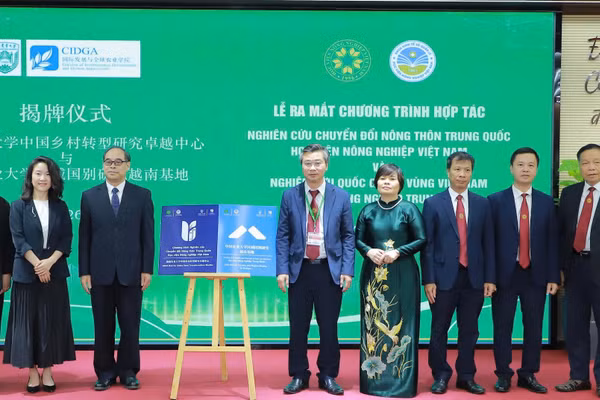 Đại diện lãnh đạo 2 trường cùng Tham tán Giáo dục ĐSQ Trung Quốc tại Việt Nam thực hiện nghi thức ra mắt Chương trình hợp tác nghiên cứu.