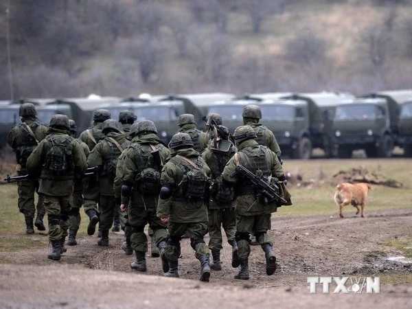 Binh sỹ Nga tuần tra ở Perevalnoye, ngoại ô Simferopol. (Nguồn: AFP/TTXVN)