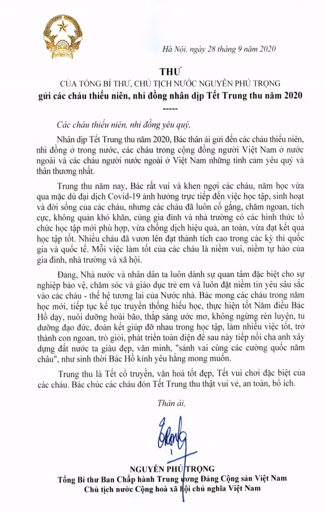 Tổng Bí thư, Chủ tịch nước gửi thư chúc Tết Trung thu năm 2020 - 2
