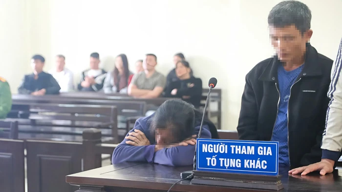 Bà V.T.V. gục khóc trong phiên tòa xét xử con trai.