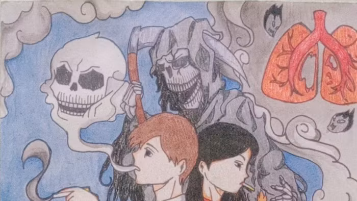 Học sinh Trường THCS Đồng Mai (Yên Nghĩa, Hà Nội) vẽ tranh phòng, chống tác hại của thuốc lá với chủ đề 'Thế giới không khói thuốc - Smoke-Free world'. Ảnh: Website nhà trường