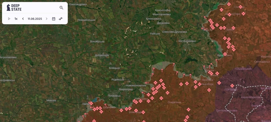 Tình hình giao tranh theo hướng Pokrovska và Kostyantynivka trên bản đồ DeepState. screenshot-1-8-1536x695.jpg