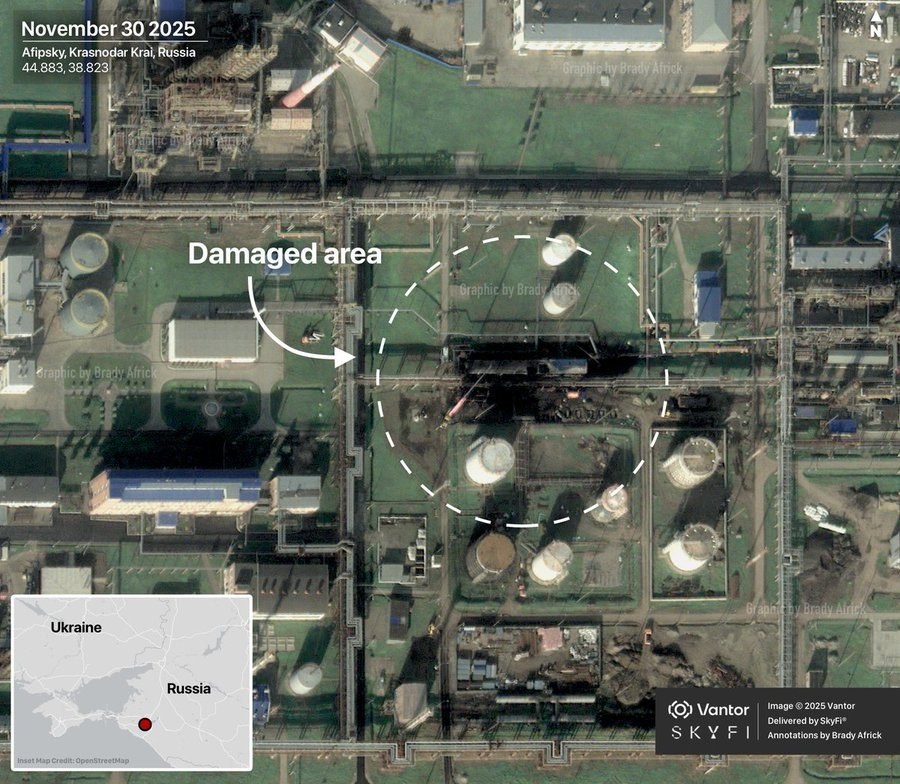 Thiệt hại tại nhà máy lọc dầu Afipsky của Nga do cuộc tấn công bằng máy bay không người lái của Ukraine. 