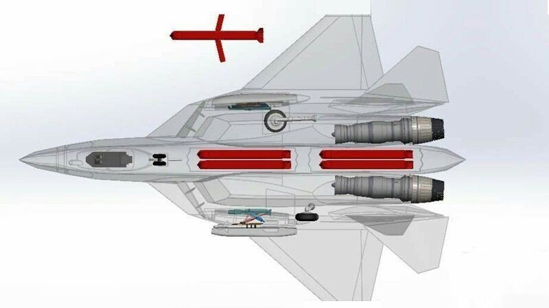 Sơ đồ mặt cắt của tiêm kích Su-57 cho thấy bố cục bên trong, tập trung vào khoang vũ khí và hệ thống động cơ. su-57-x-69-1.jpg