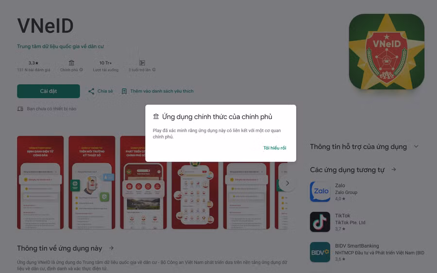 Ứng dụng VNeID được xác thực trên Google Play.