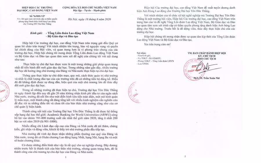 Công văn của Hiệp hội Các trường đại học, cao đẳng Việt Nam.