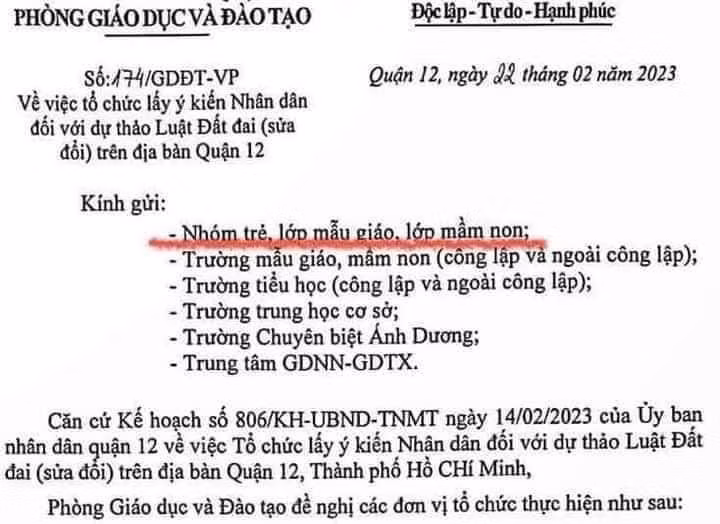 Văn bản gây xôn xao dư luận của Phòng GD&amp;ĐT quận 12 mới đây. Ảnh chụp màn hình.