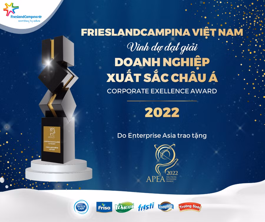Đây là lần thứ 2 liên tiếp, FrieslandCampina Việt Nam được vinh danh là “Doanh nghiệp Xuất sắc Châu Á” nhờ chiến lược phát triển bền vững cùng sứ mệnh “Vì một Việt Nam vươn cao vượt trội”.