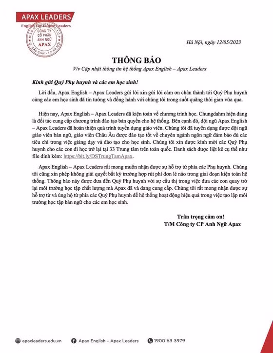 Thông báo của hệ thống Trung tâm Anh ngữ Apax Leaders gửi cho phụ huynh về việc mở cửa trở lại 33 trung tâm.