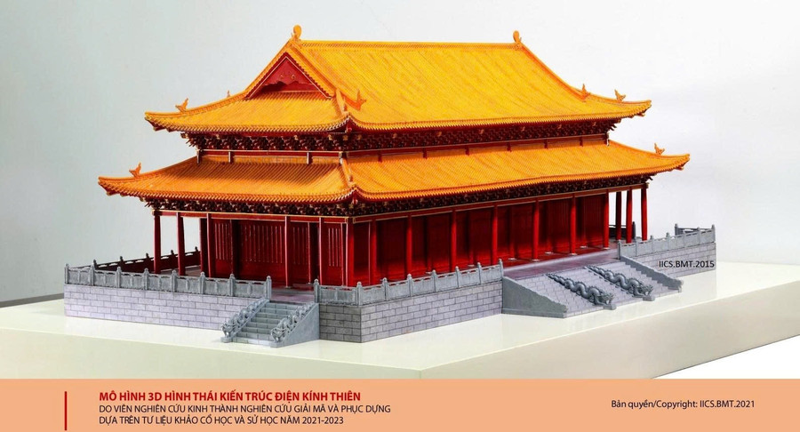 Mô hình 3D hình thái kiến trúc điện Kính Thiên được các nhà khoa học thuộc Viện Nghiên cứu Kinh thành phục dựng.