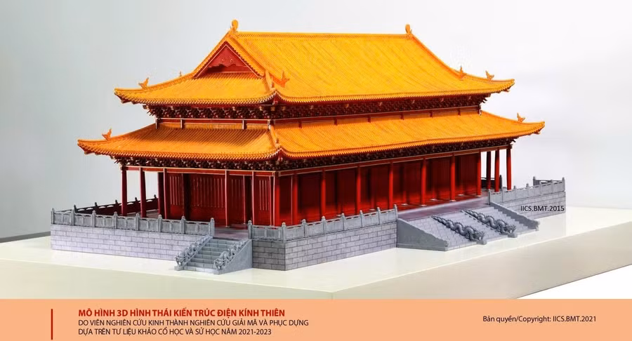 Mô hình 3D hình thái kiến trúc điện Kính Thiên được các nhà khoa học thuộc Viện Nghiên cứu Kinh thành phục dựng.