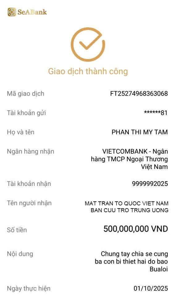 Ca sĩ Mỹ Tâm gửi 500 triệu đồng đến tài khoản Mặt trận Tổ quốc Việt Nam - Ban Cứu trợ Trung ương. my-tam-1.jpg