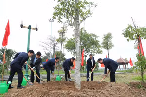 Lãnh đạo tỉnh Hưng Yên trồng cây trong khuôn viên Khu lưu niệm nhà bác học Lê Quý Đôn.