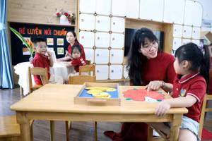 Cô và trò Trường Mầm non Thiên Đức (phường Phố Hiến, tỉnh Hưng Yên).