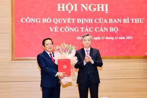 Phó Trưởng Ban Tổ chức Trung ương Nguyễn Quang Dương trao quyết định cho ông Phạm Quang Ngọc. (ảnh MT)
