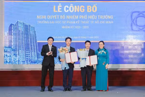 TS Quách Thanh Hải (thứ hai từ phải sang) và PGS.TS Châu Đình Thành (thứ ba từ phải sang) nhận quyết định bổ nhiệm Phó Hiệu trưởng. Ảnh: HCMUTE
