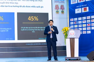 PGS.TS Lê Mỹ Hà, Trưởng khoa Khoa Điện - Điện tử, Trường Đại học Công nghệ Kỹ thuật TPHCM trình bày tham luận tại hội thảo.