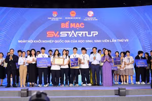 Ban tổ chức trao các giải Nhất cho khối học sinh cuộc thi SV_STARTUP. Ảnh: HCMUTE